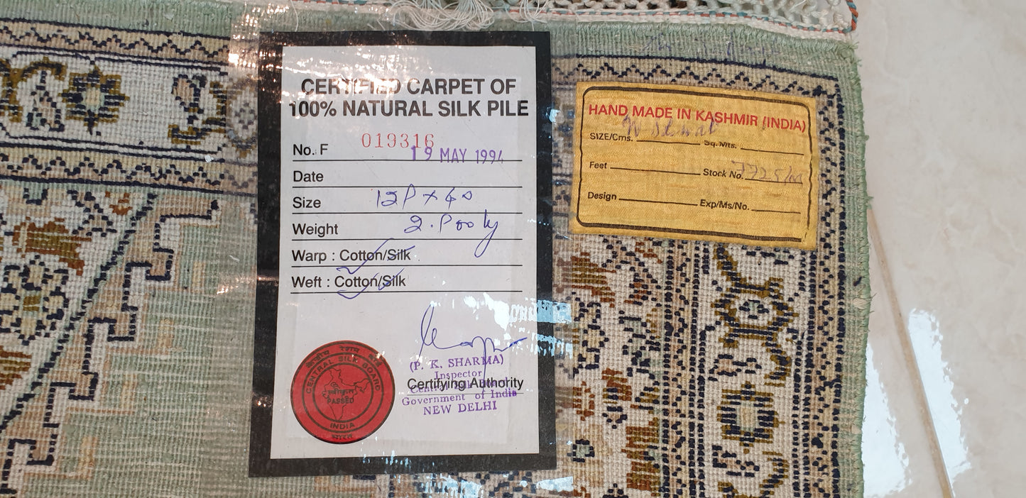 exquisite Hand-Knotted All Silk Kashmir Carpet - 129 x 40 cm (Approx. 4.2 x 1.3 Ft)