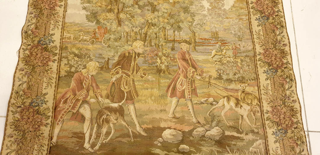 Charming Small French Hunting Scene Tapestry - 22" x 22" - Frameable Art