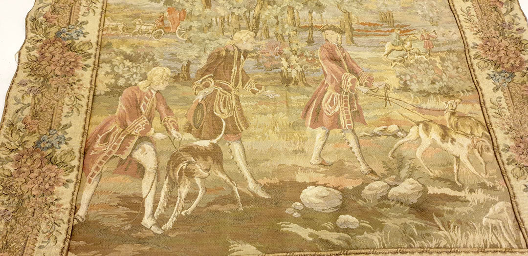 Charming Small French Hunting Scene Tapestry - 22" x 22" - Frameable Art