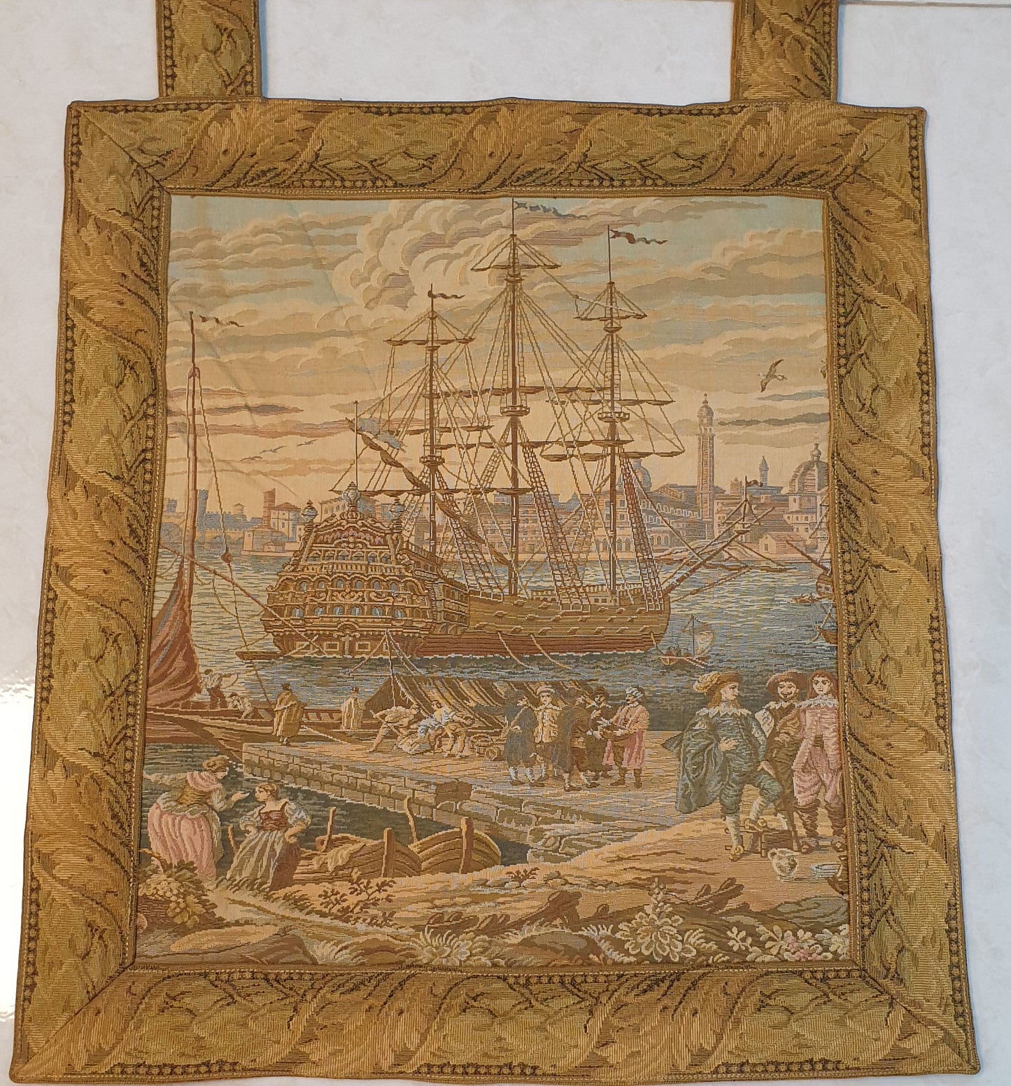 Charming French Port Scene Tapestry with Galleon - 20" x 18"