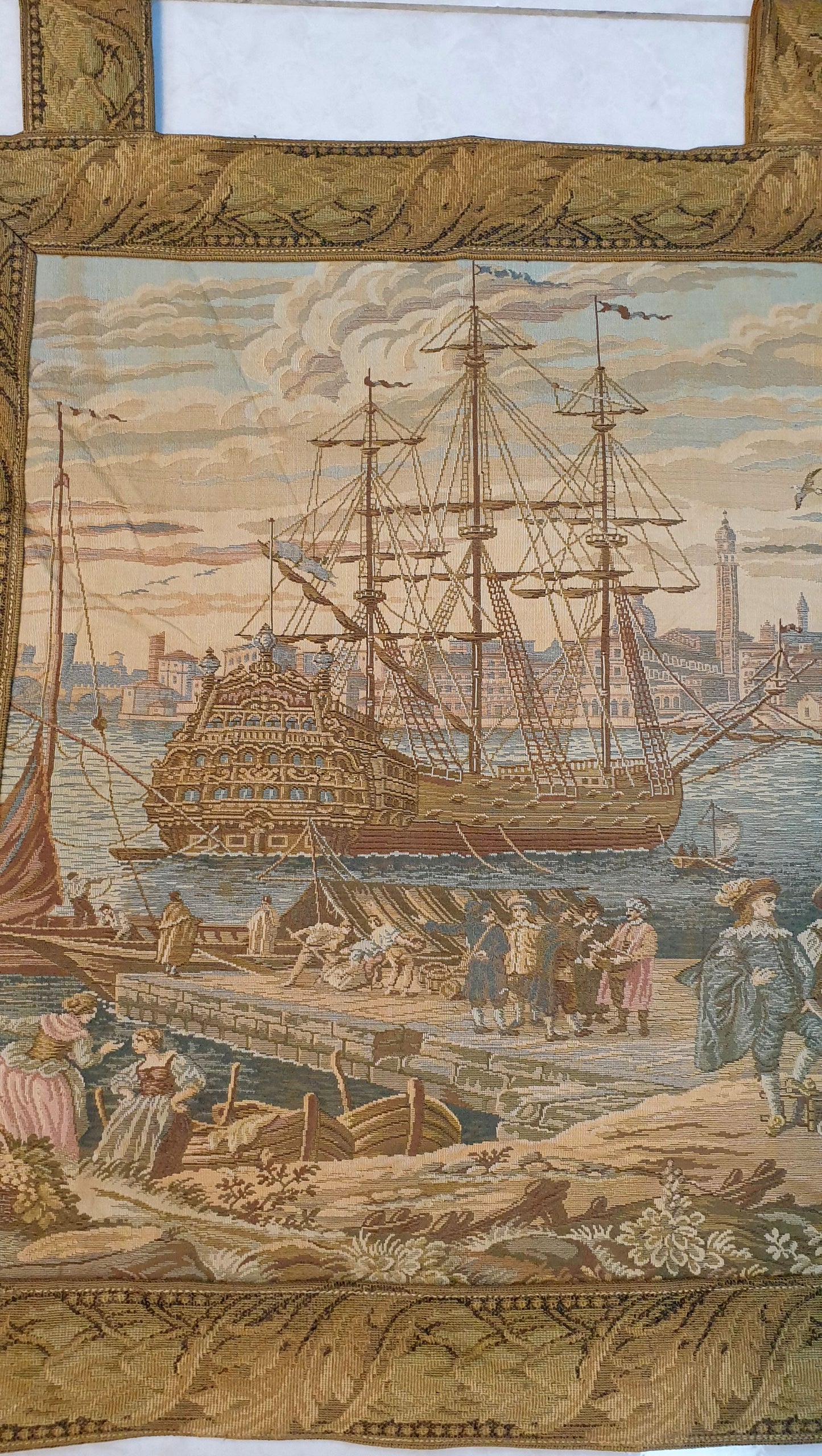 Charming French Port Scene Tapestry with Galleon - 20" x 18"