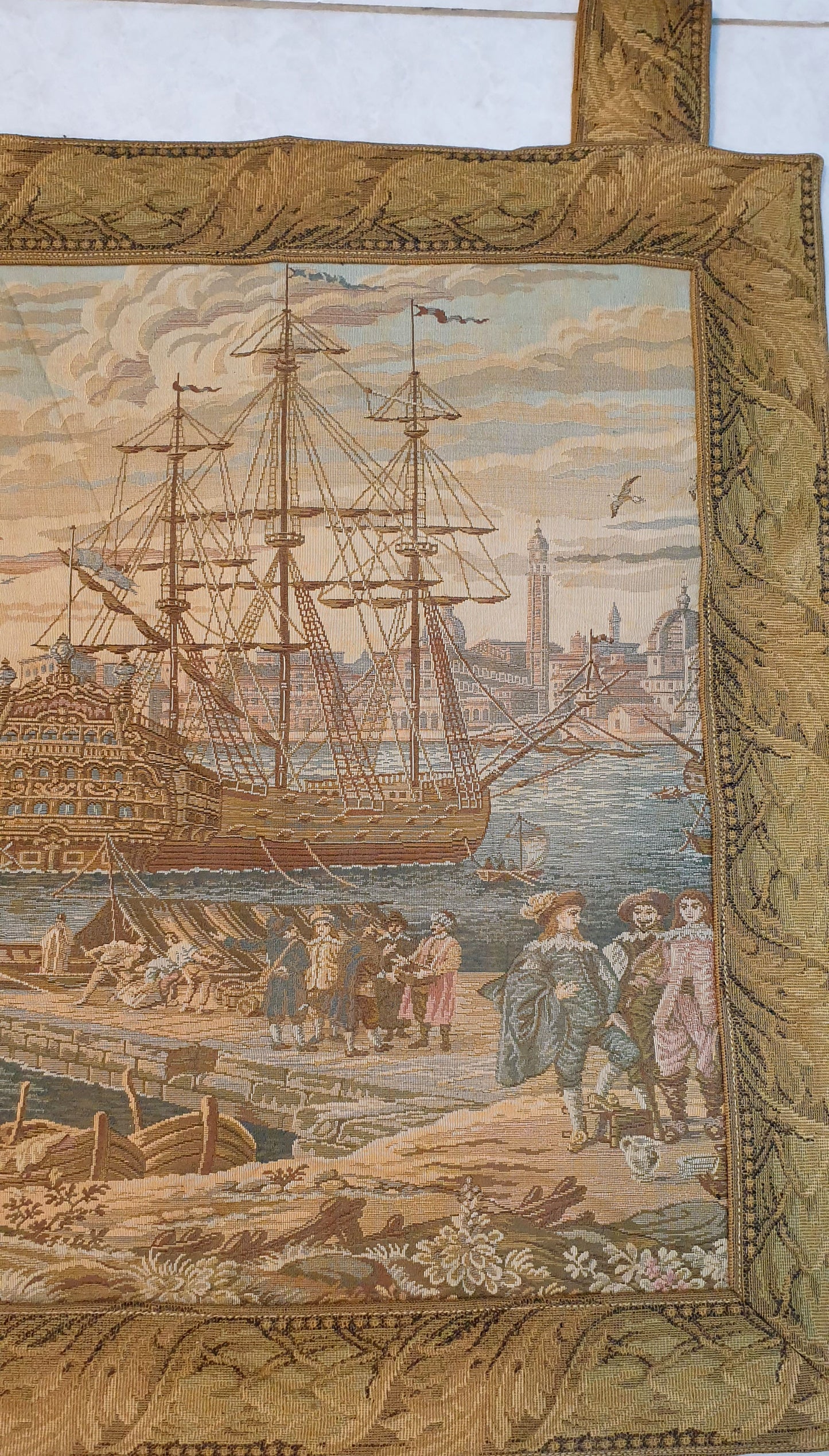 Charming French Port Scene Tapestry with Galleon - 20" x 18"
