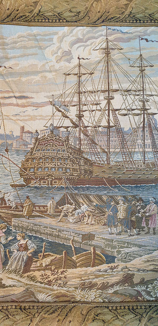 Charming French Port Scene Tapestry with Galleon - 20" x 18"