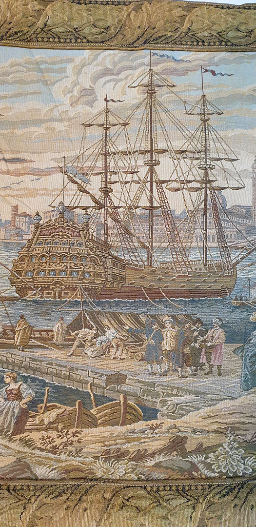 Charming French Port Scene Tapestry with Galleon - 20" x 18"
