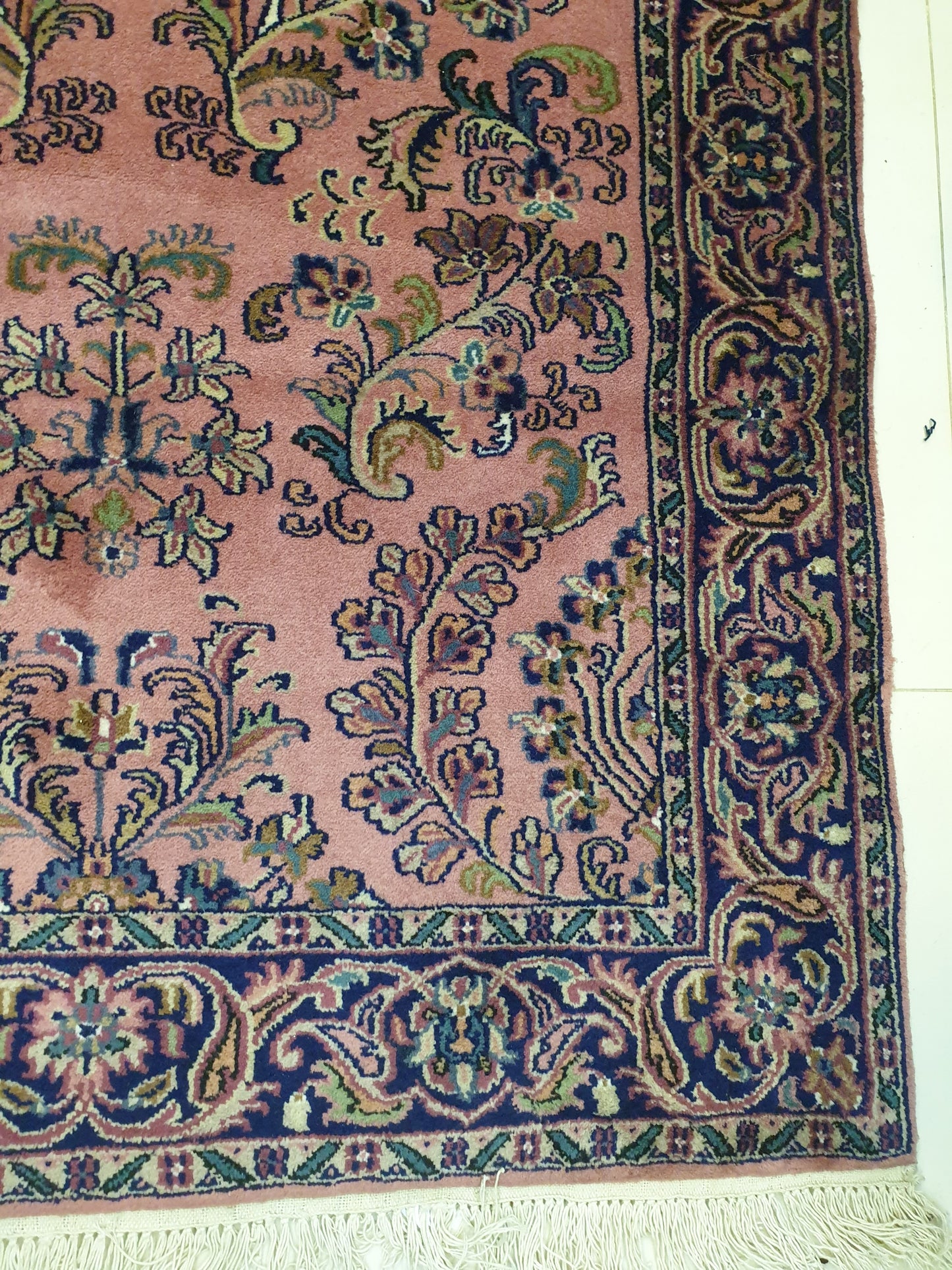 Elegant 6.8' x 3.3' Hand-Knotted Indo-Persian Kerman Design Carpet - Classic Floral on Muted Rose