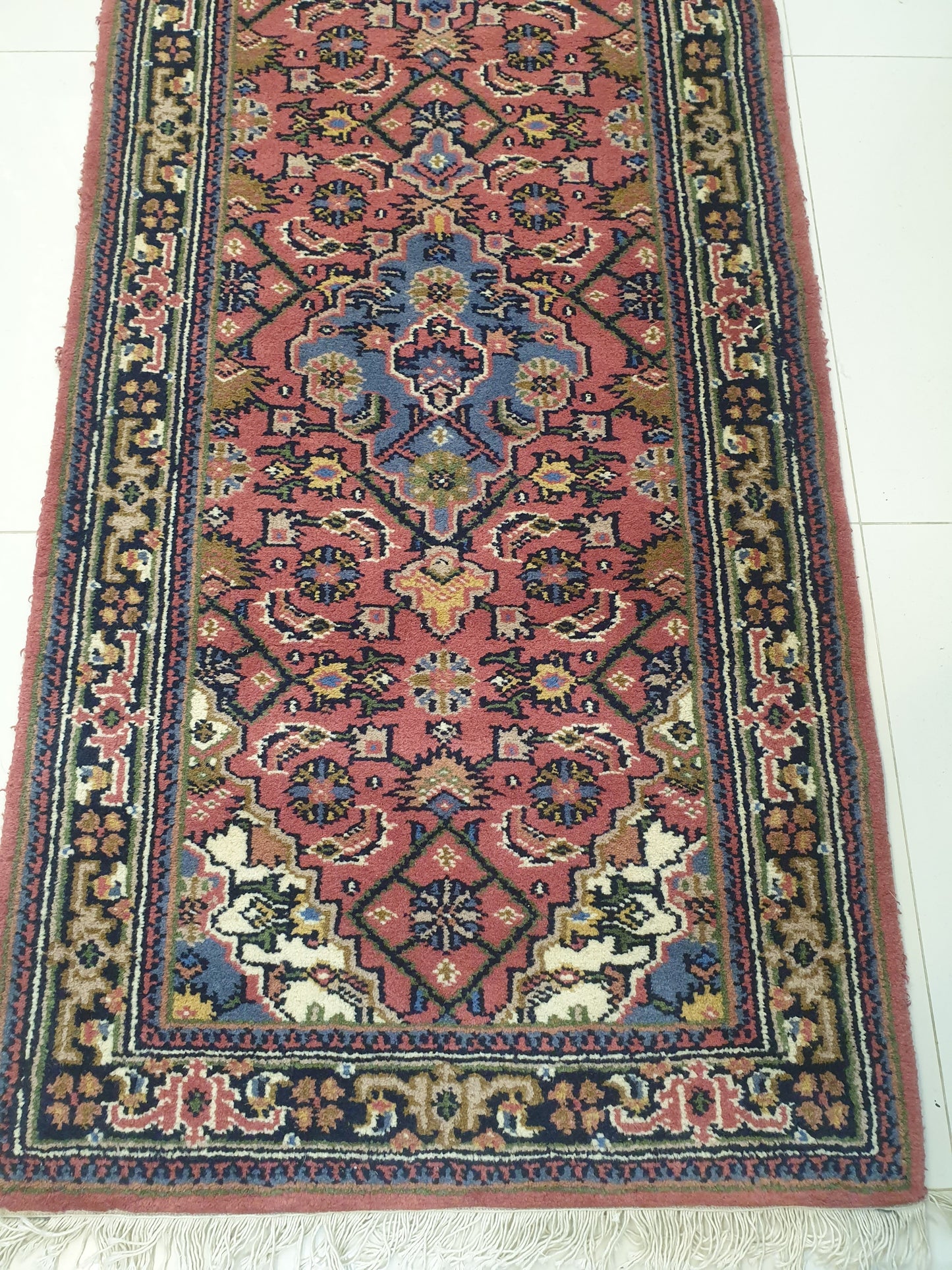 Vibrant 10' x 2.6' Hand-Knotted Indo-Persian Runner - Rich Crimson Field with Geometric Medallions