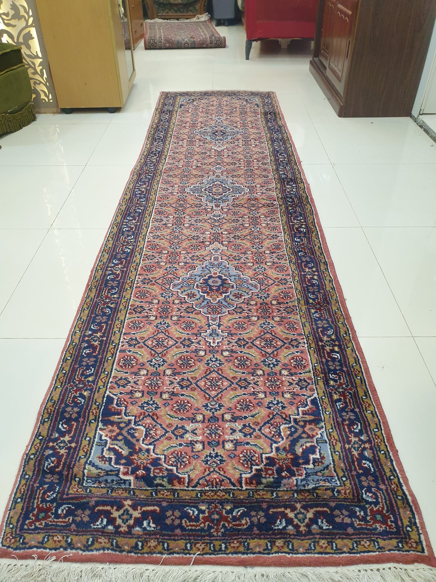 Elegant Hand-Knotted Indo-Persian Runner with Kashan Design - 9 x 2.6 Feet