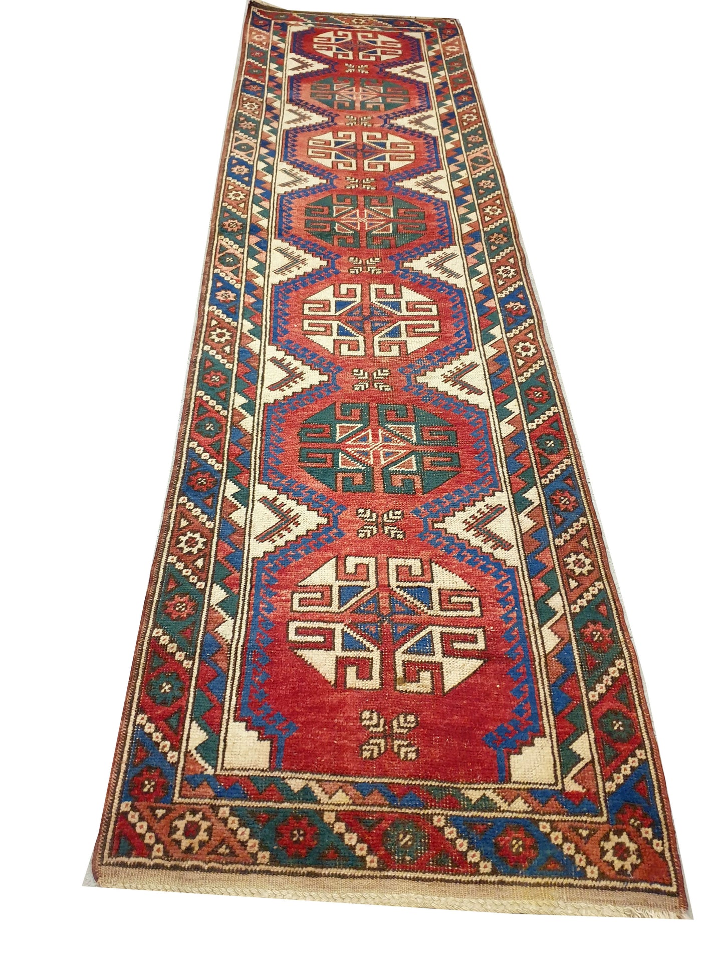 Captivating 8'10" x 2'4" Oriental Kazak Vintage Geometric Runner Carpet - A Timeless Statement Piece