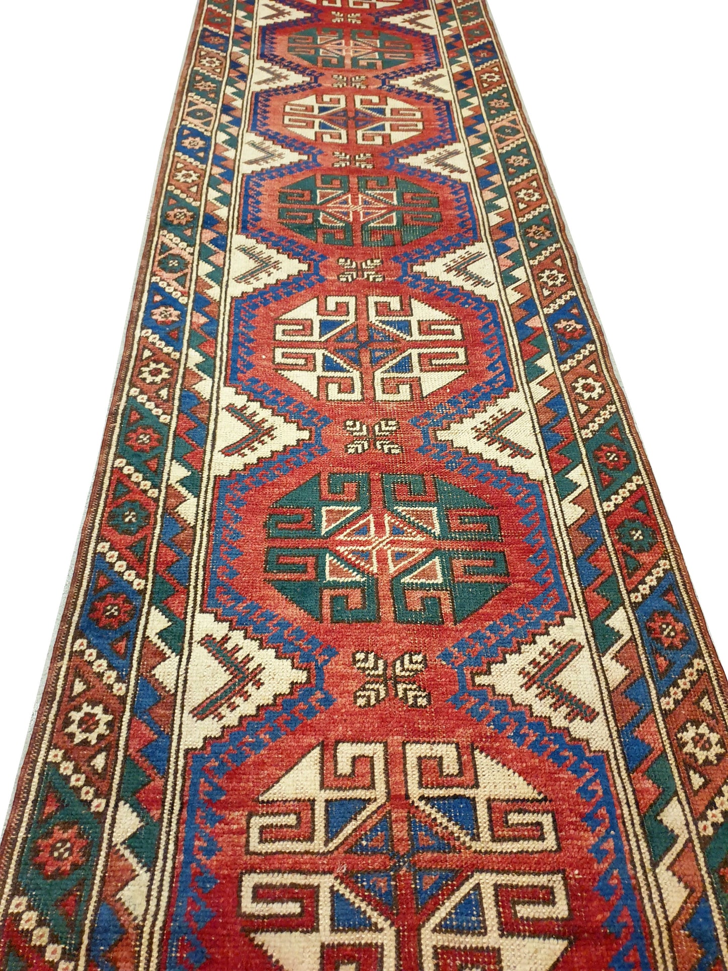 Captivating 8'10" x 2'4" Oriental Kazak Vintage Geometric Runner Carpet - A Timeless Statement Piece