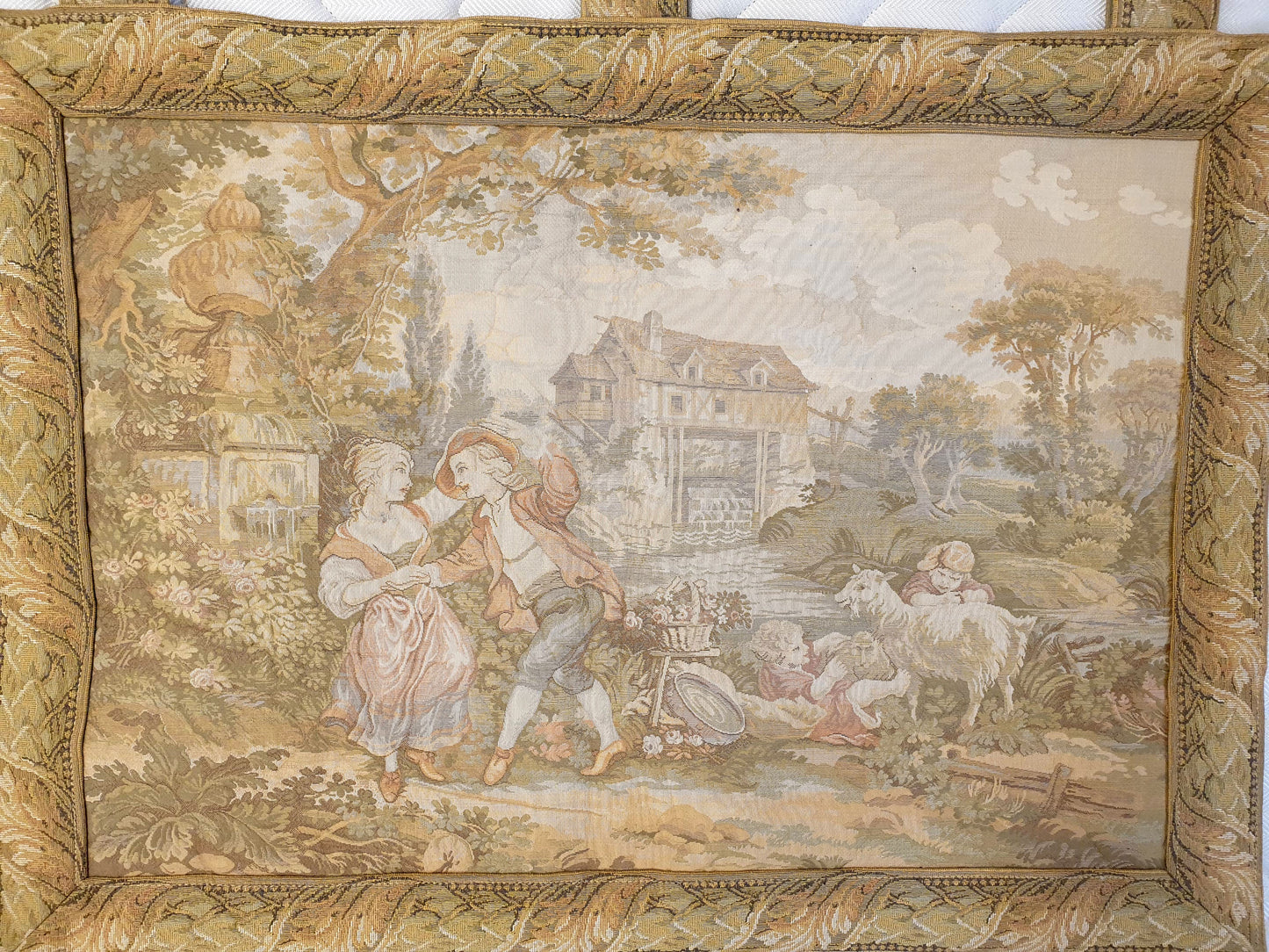 Charming French Pastoral Tapestry with Mill Scene - 21" x 29"