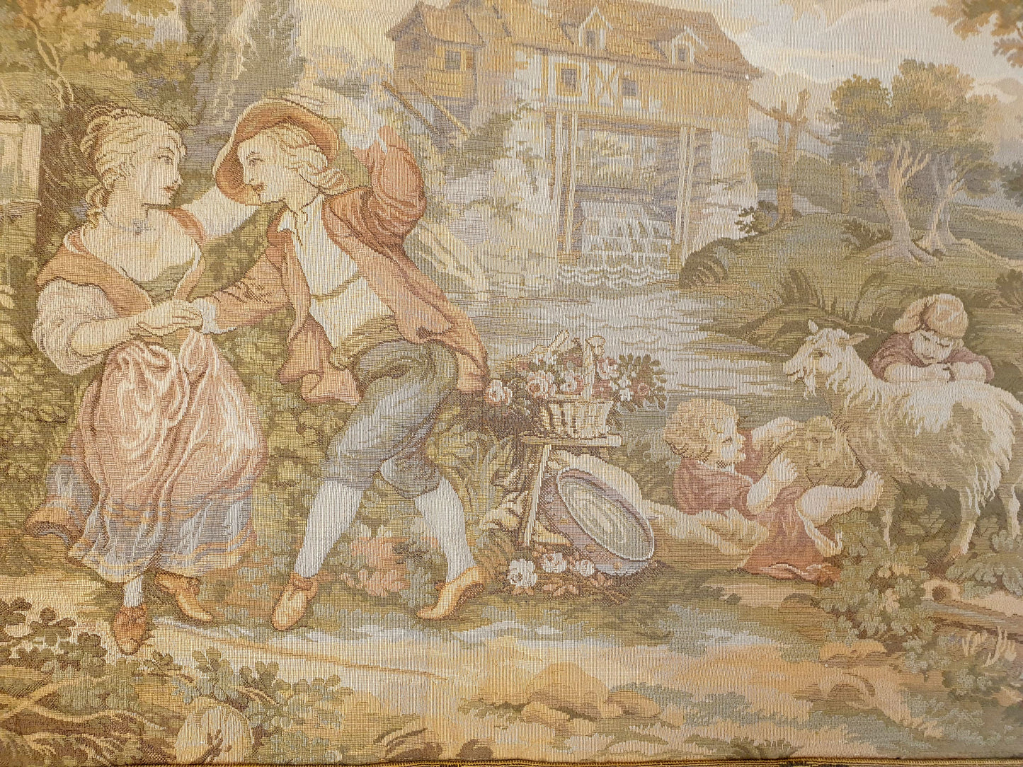 Charming French Pastoral Tapestry with Mill Scene - 21" x 29"