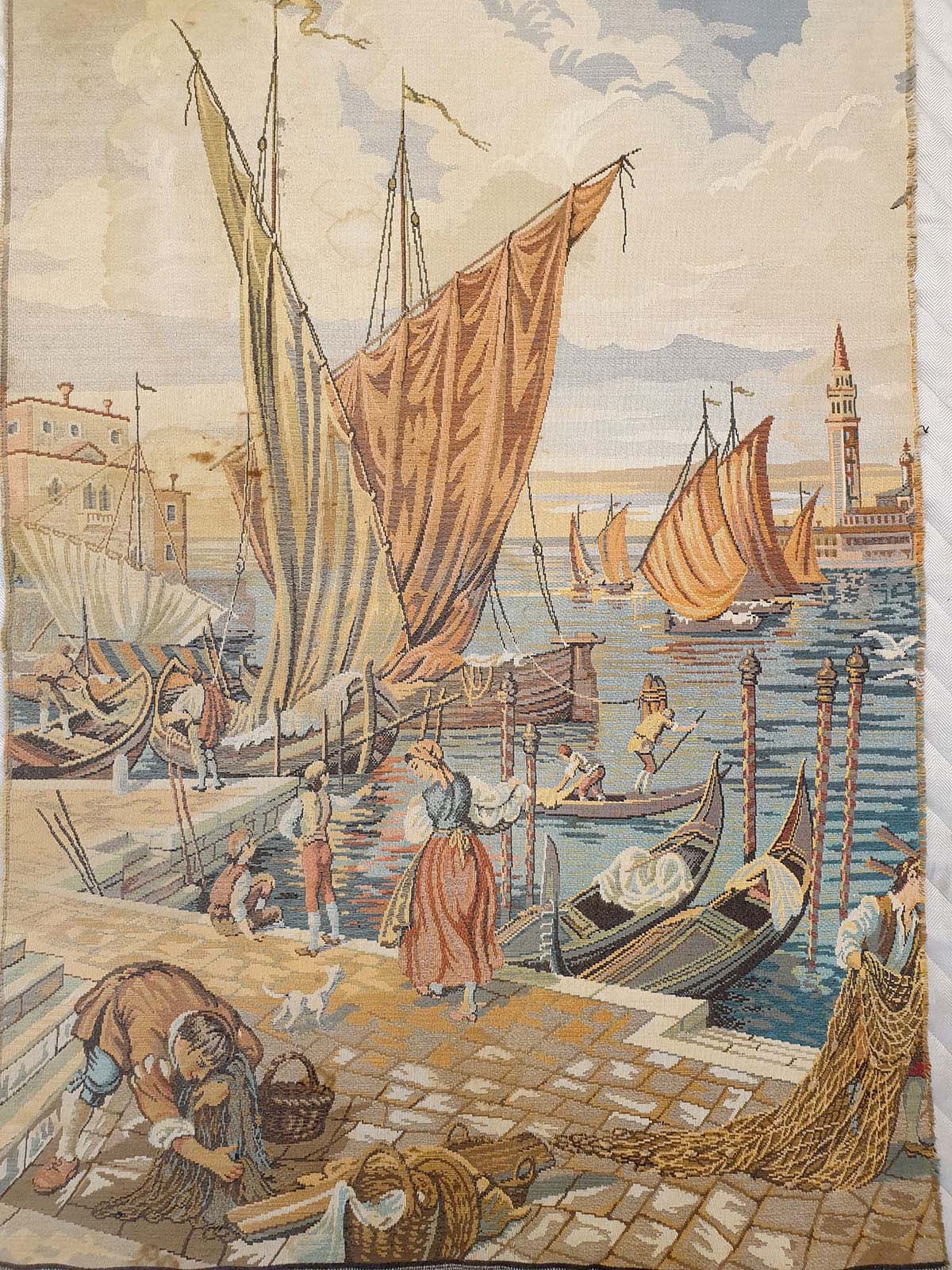 Authentic French Tapestry: A Vibrant Venetian Port Scene 53 x 36 inches