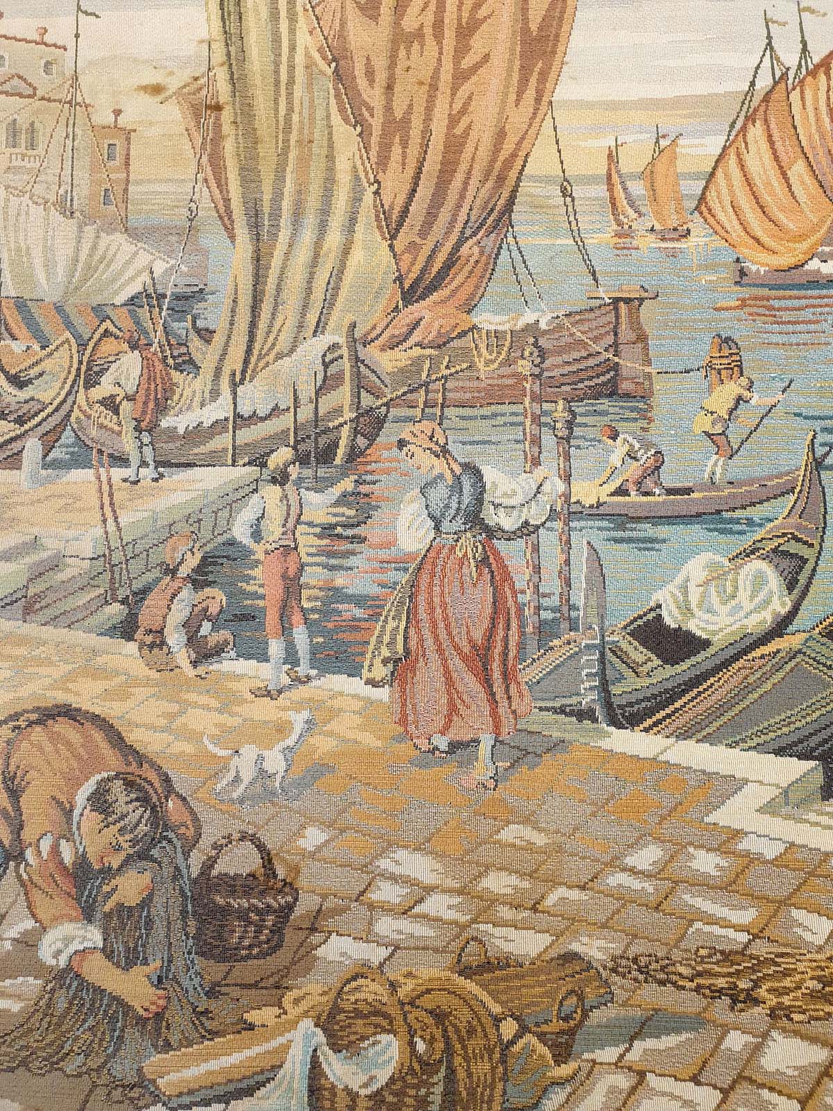 Authentic French Tapestry: A Vibrant Venetian Port Scene 53 x 36 inches