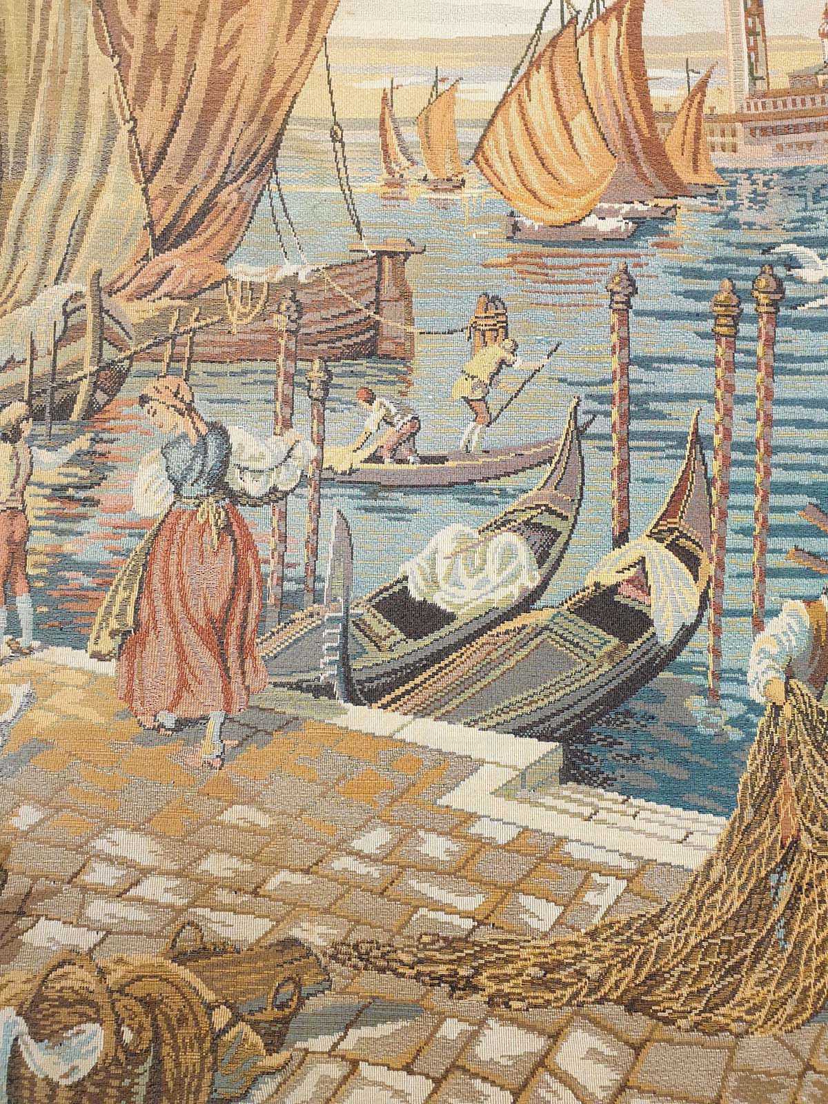 Authentic French Tapestry: A Vibrant Venetian Port Scene 53 x 36 inches