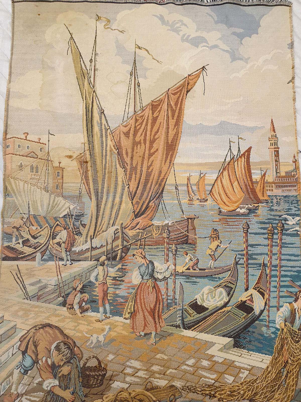 Authentic French Tapestry: A Vibrant Venetian Port Scene 53 x 36 inches