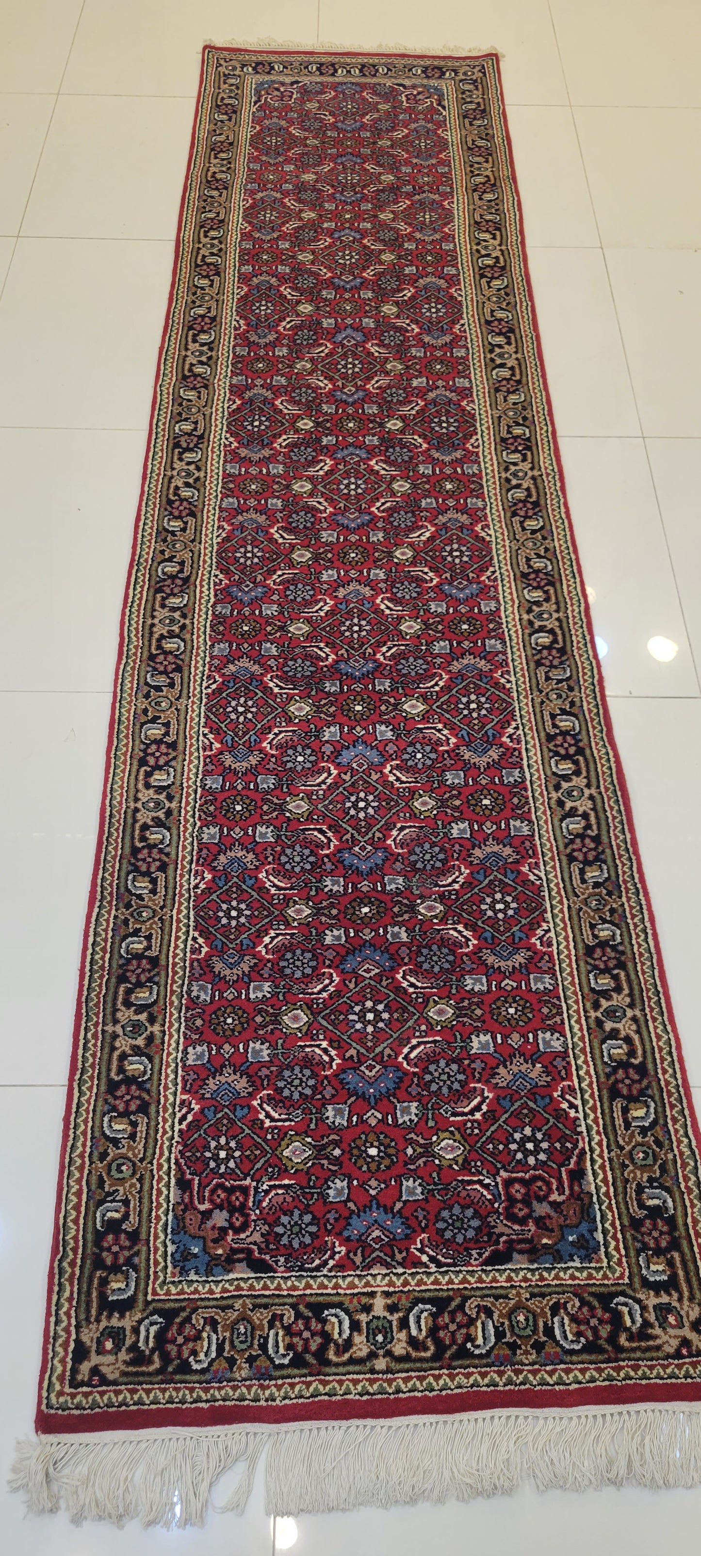 Elegant Hand-Knotted Indo-Persian Runner with Herati Pattern - 9.8 x 2.5 Feet