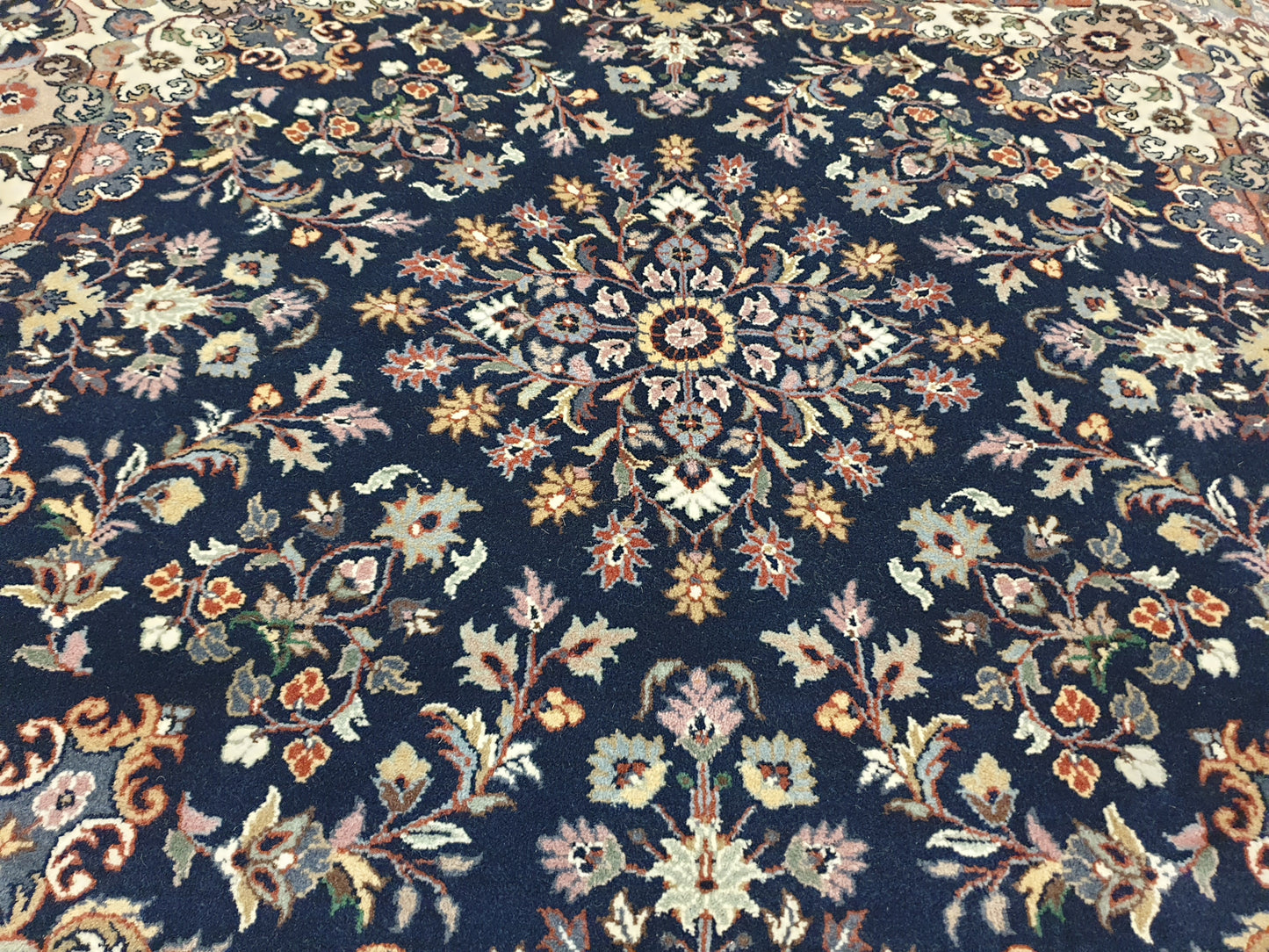 Exquisite Handmade Double Knotted Pakistani Carpet - 4 x 4 Feet Square (Navy Blue Medallion)