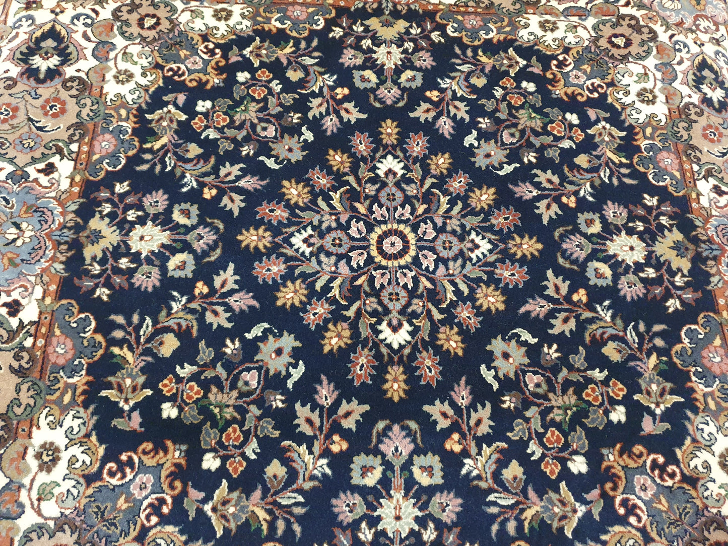 Exquisite Handmade Double Knotted Pakistani Carpet - 4 x 4 Feet Square (Navy Blue Medallion)