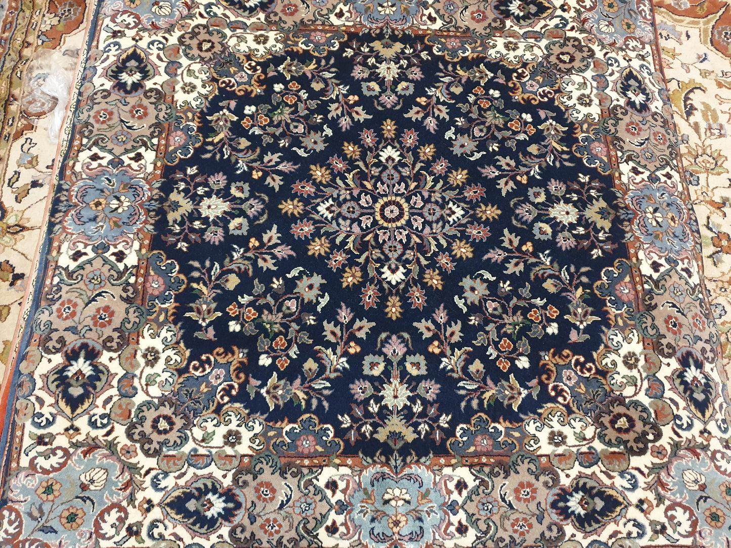 Exquisite Handmade Double Knotted Pakistani Carpet - 4 x 4 Feet Square (Navy Blue Medallion)
