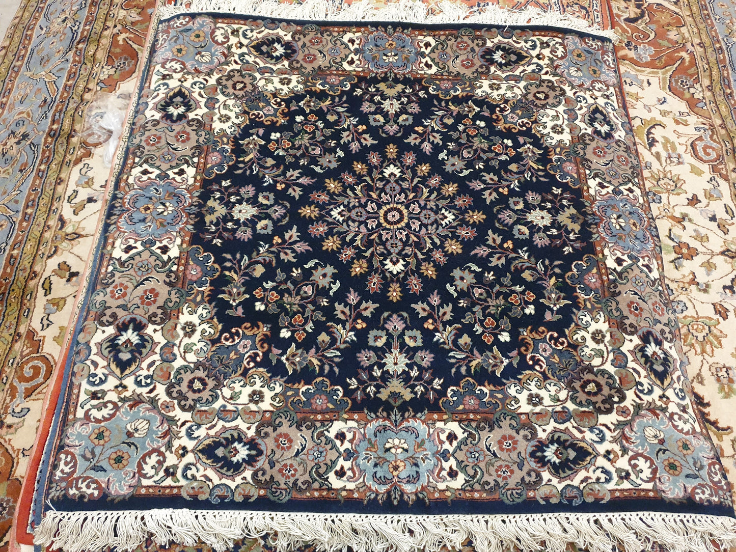 Exquisite Handmade Double Knotted Pakistani Carpet - 4 x 4 Feet Square (Navy Blue Medallion)