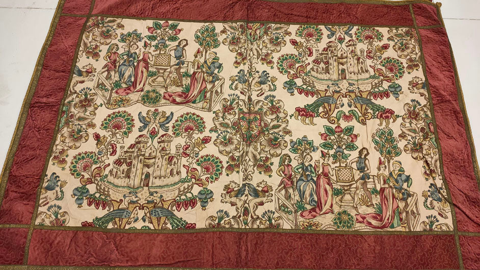 Grand French Medieval-Style Tapestry with Courtly Scenes - 34" x 50"