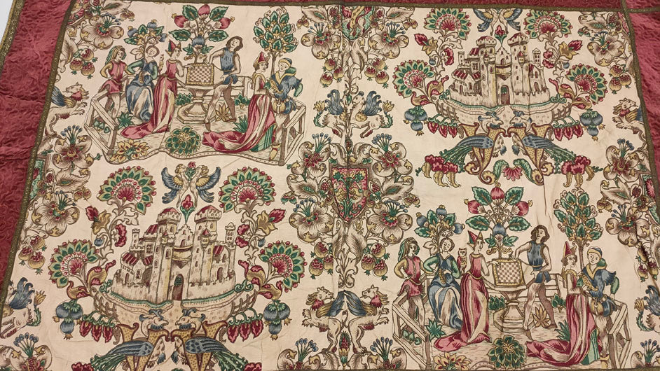 Grand French Medieval-Style Tapestry with Courtly Scenes - 34" x 50"