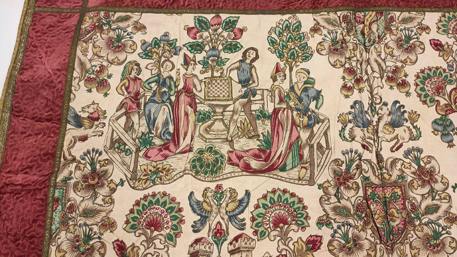 Grand French Medieval-Style Tapestry with Courtly Scenes - 34" x 50"