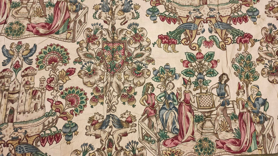 Grand French Medieval-Style Tapestry with Courtly Scenes - 34" x 50"
