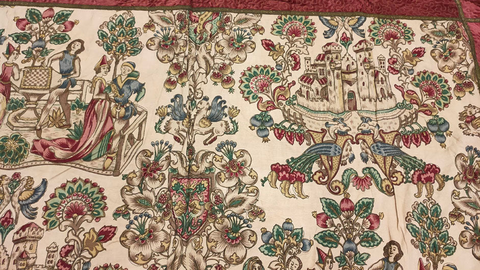 Grand French Medieval-Style Tapestry with Courtly Scenes - 34" x 50"