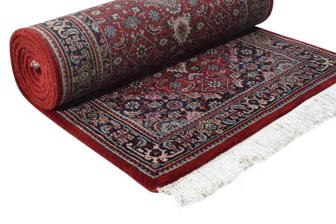 Compact Elegance: 7.10' x 2.5' Hand-Knotted Indo-Persian Runner with Geometric Medallions