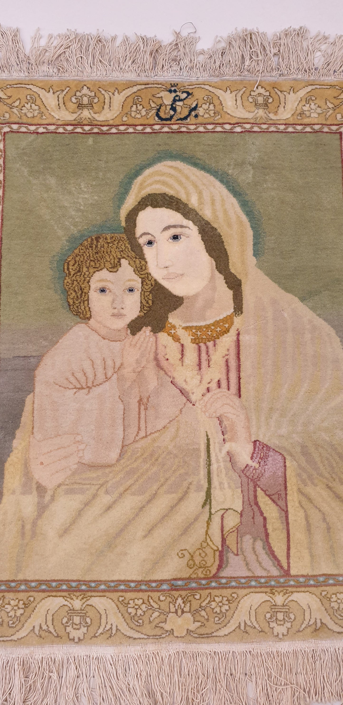 A Masterpiece: The Barhaqi Signed Tabriz Pictorial Rug (2'4" x 1'11") Madonna and Child