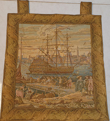 Charming French Port Scene Tapestry with Galleon - 20" x 18"