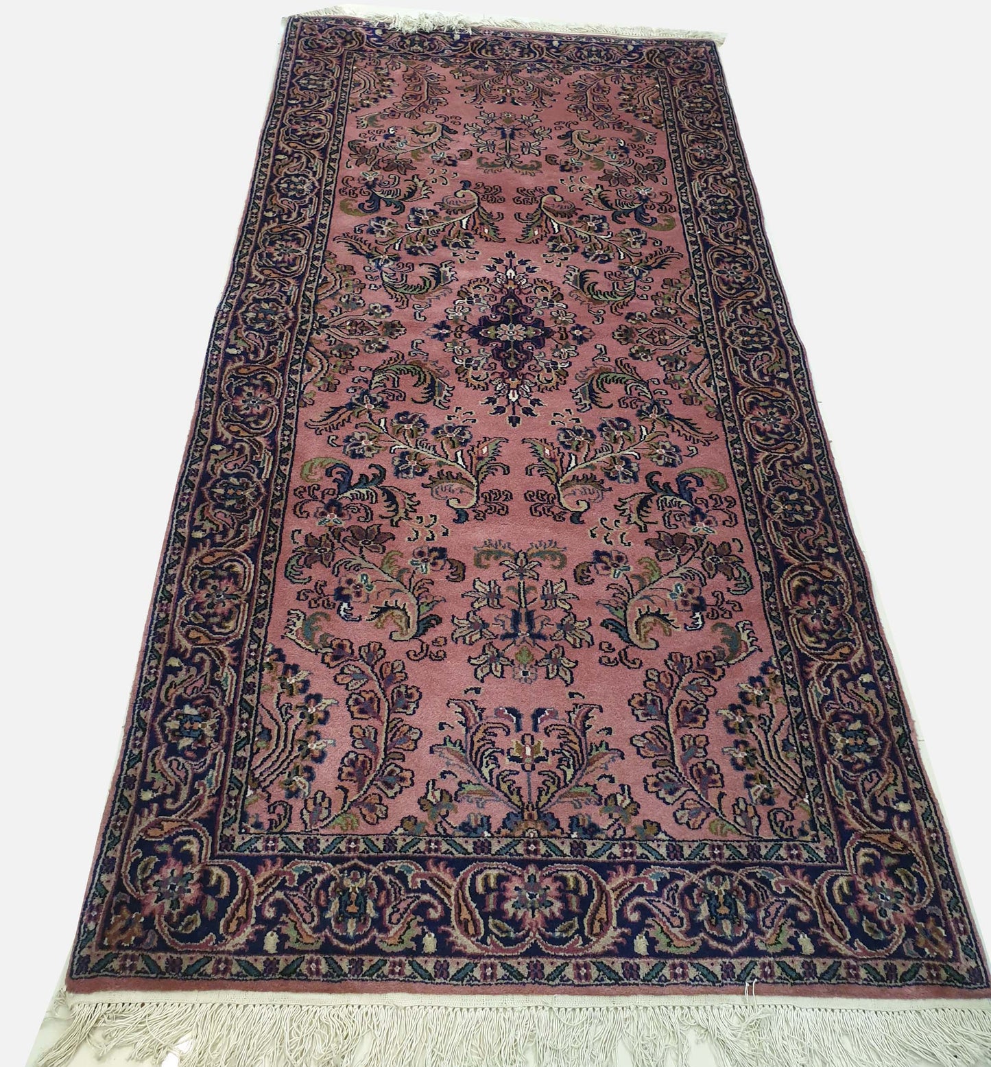 Elegant 6.8' x 3.3' Hand-Knotted Indo-Persian Kerman Design Carpet - Classic Floral on Muted Rose