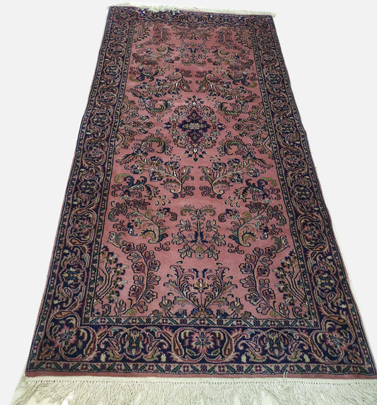 Elegant 6.8' x 3.3' Hand-Knotted Indo-Persian Kerman Design Carpet - Classic Floral on Muted Rose