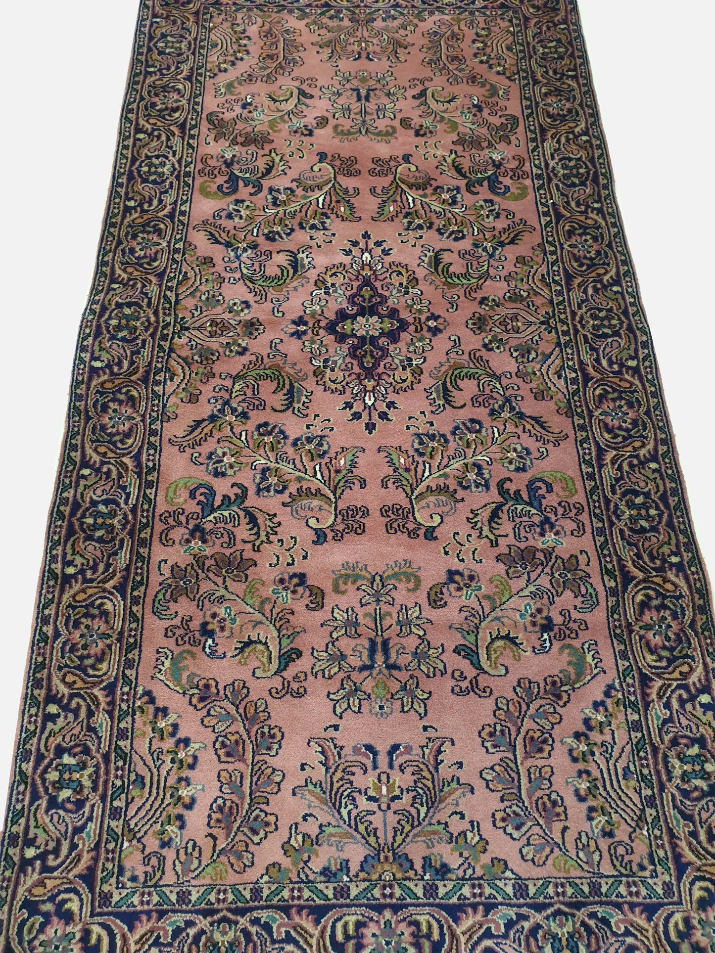 Elegant 6.8' x 3.3' Hand-Knotted Indo-Persian Kerman Design Carpet - Classic Floral on Muted Rose