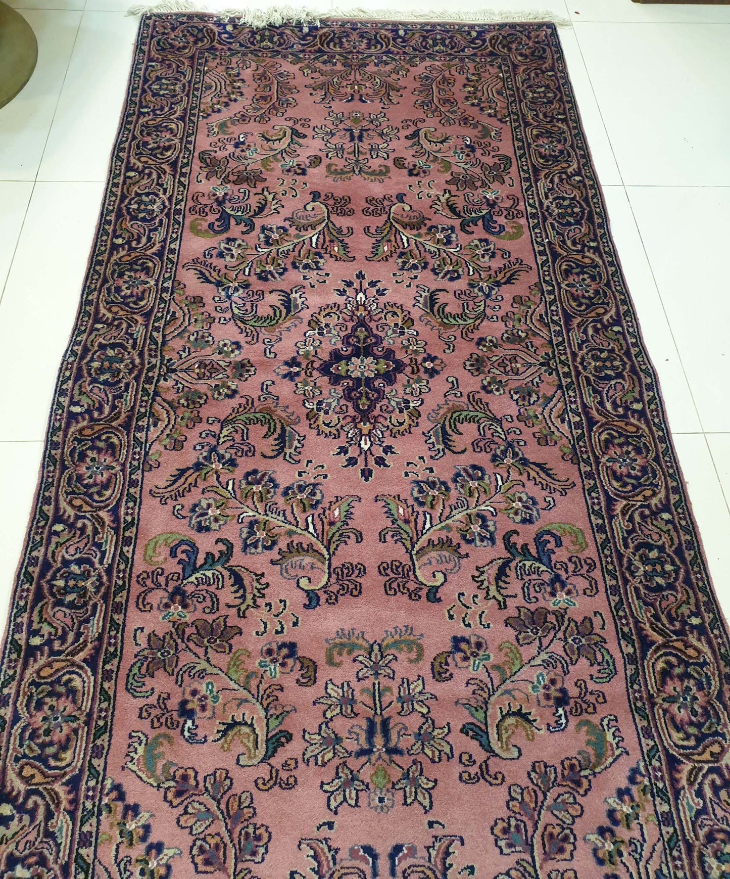 Elegant 6.8' x 3.3' Hand-Knotted Indo-Persian Kerman Design Carpet - Classic Floral on Muted Rose