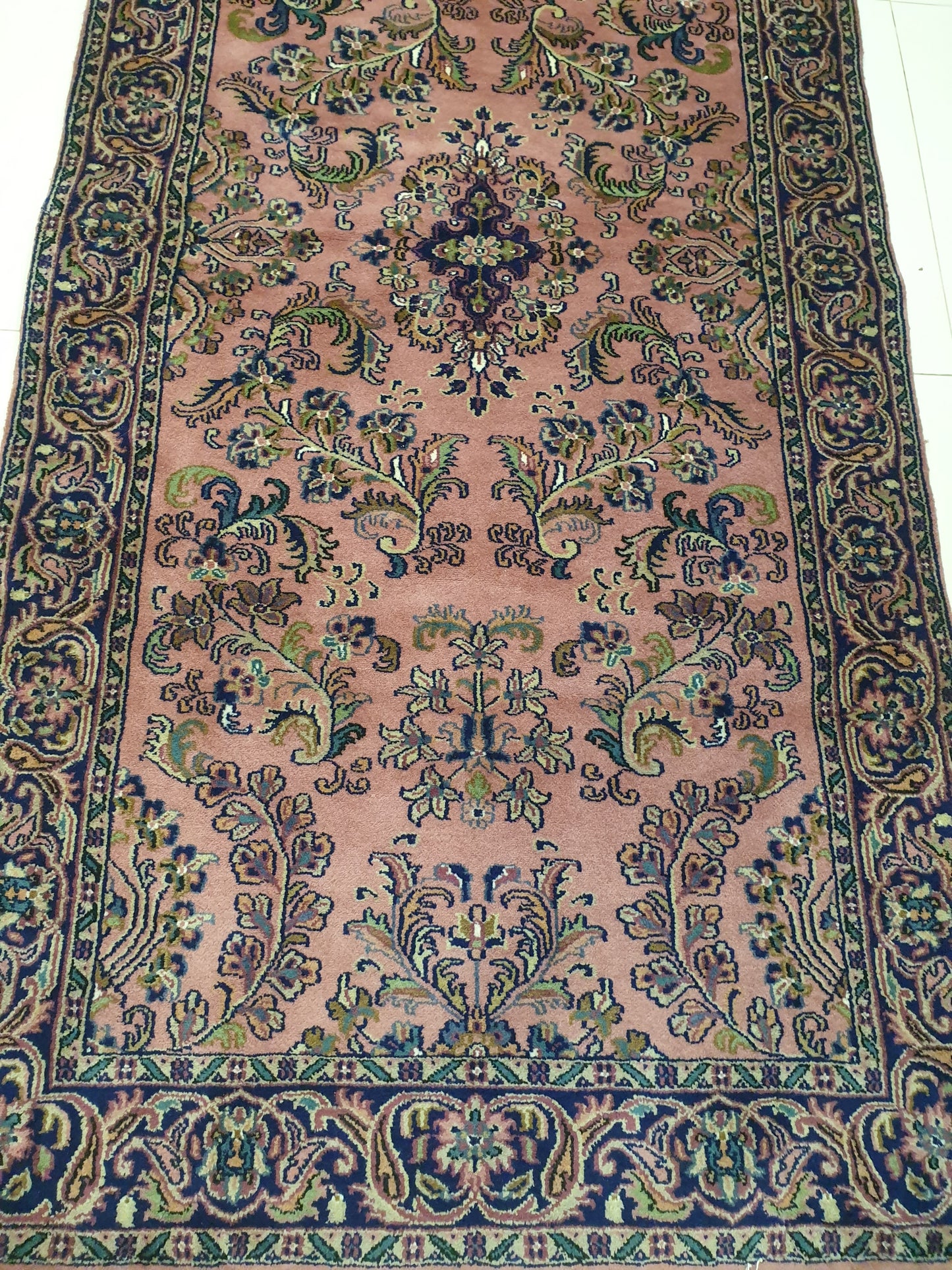 Elegant 6.8' x 3.3' Hand-Knotted Indo-Persian Kerman Design Carpet - Classic Floral on Muted Rose