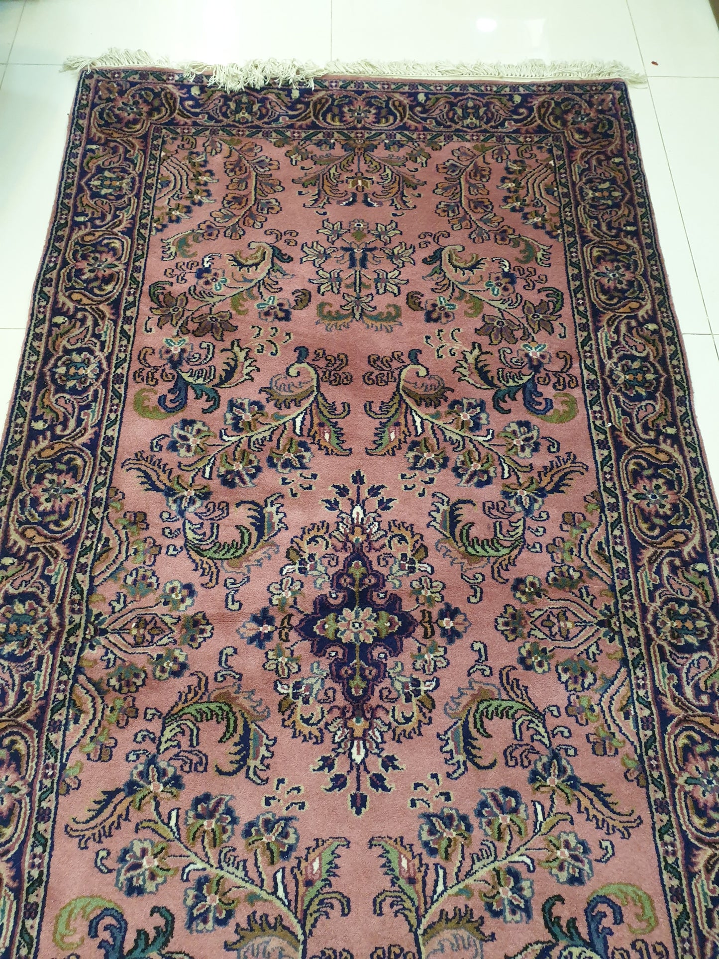 Elegant 6.8' x 3.3' Hand-Knotted Indo-Persian Kerman Design Carpet - Classic Floral on Muted Rose