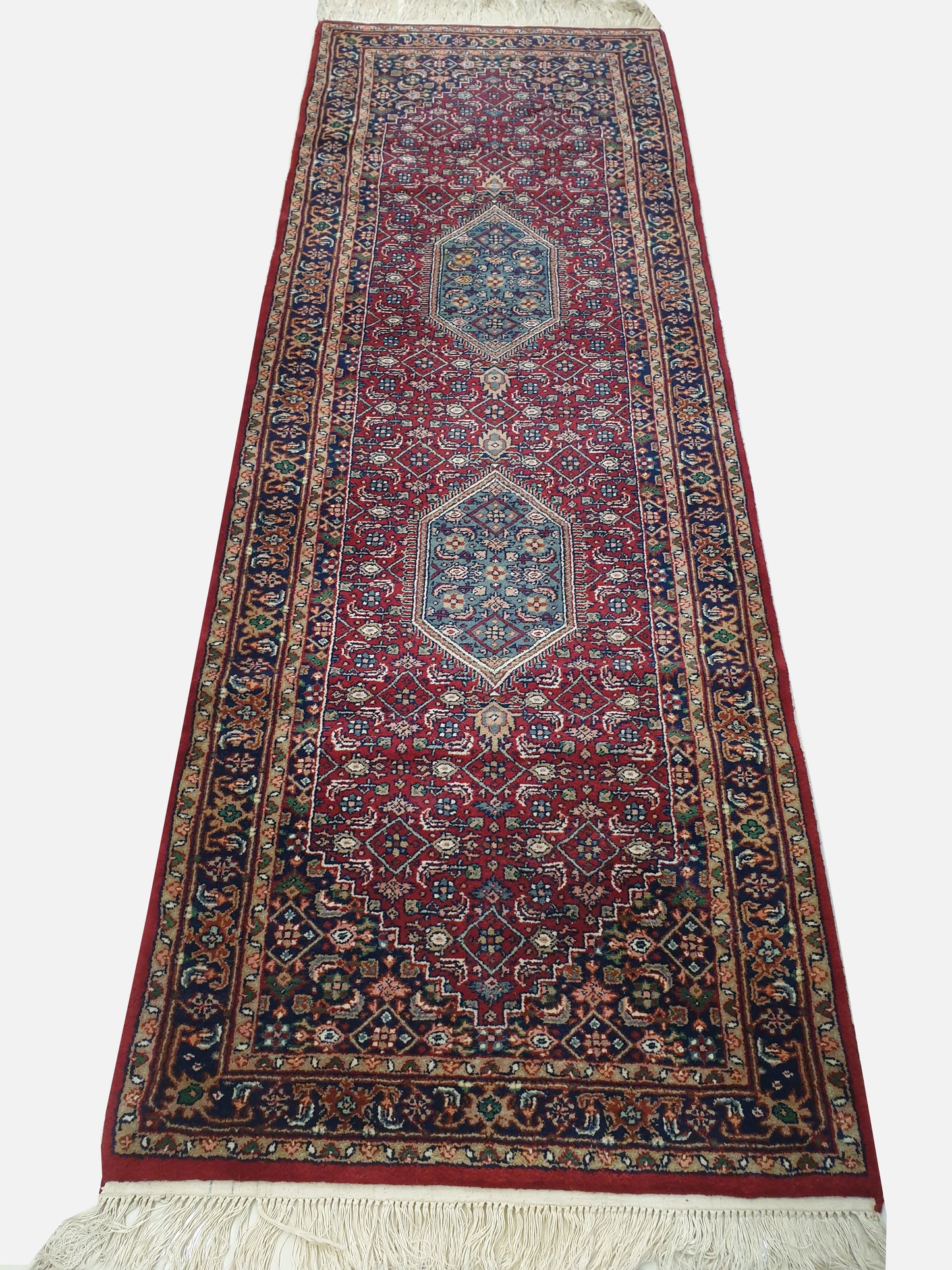 Compact Elegance: 7.10' x 2.5' Hand-Knotted Indo-Persian Runner with Geometric Medallions