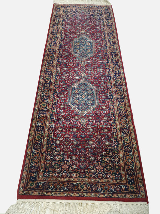 Compact Elegance: 7.10' x 2.5' Hand-Knotted Indo-Persian Runner with Geometric Medallions