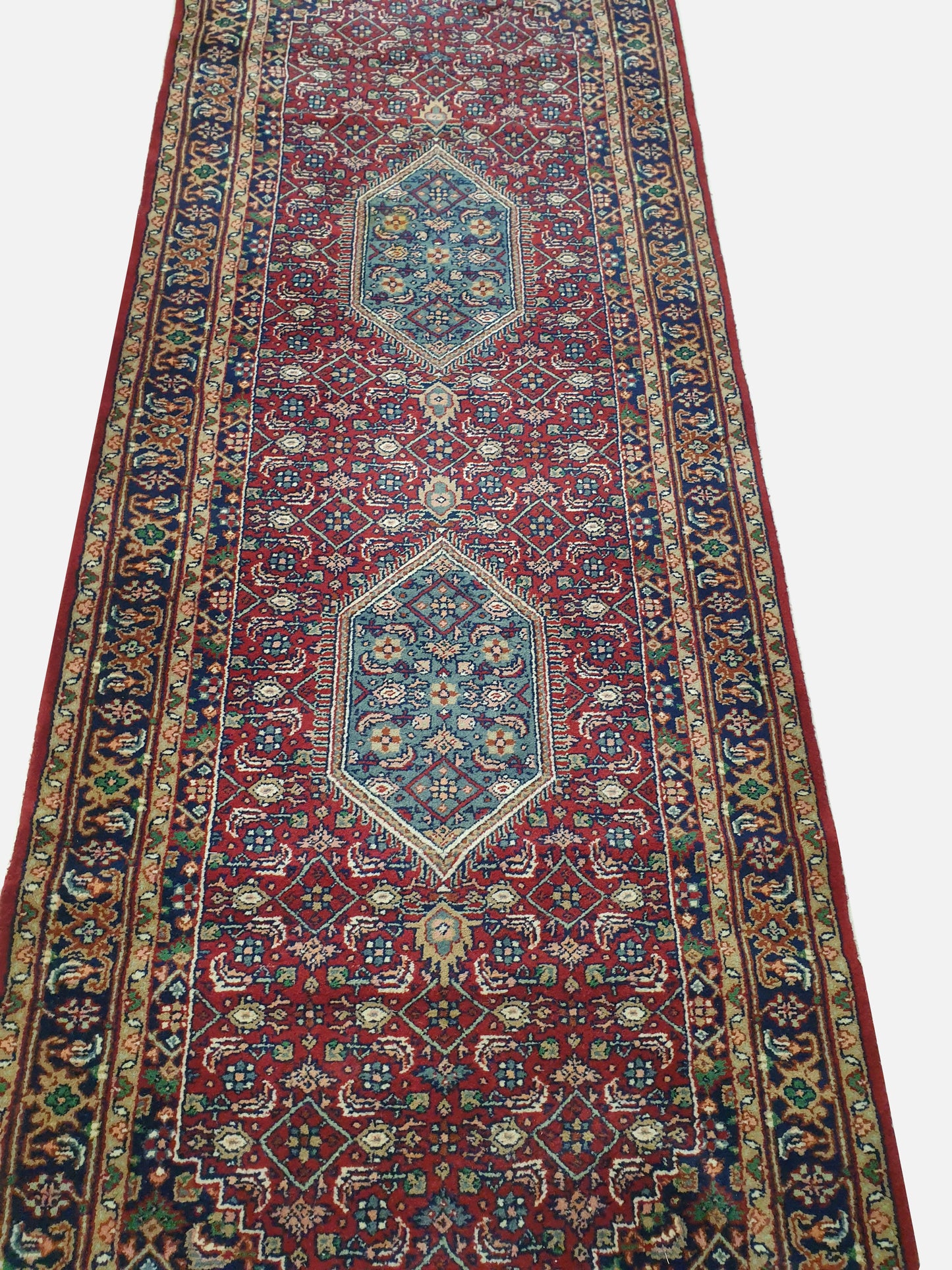 Compact Elegance: 7.10' x 2.5' Hand-Knotted Indo-Persian Runner with Geometric Medallions