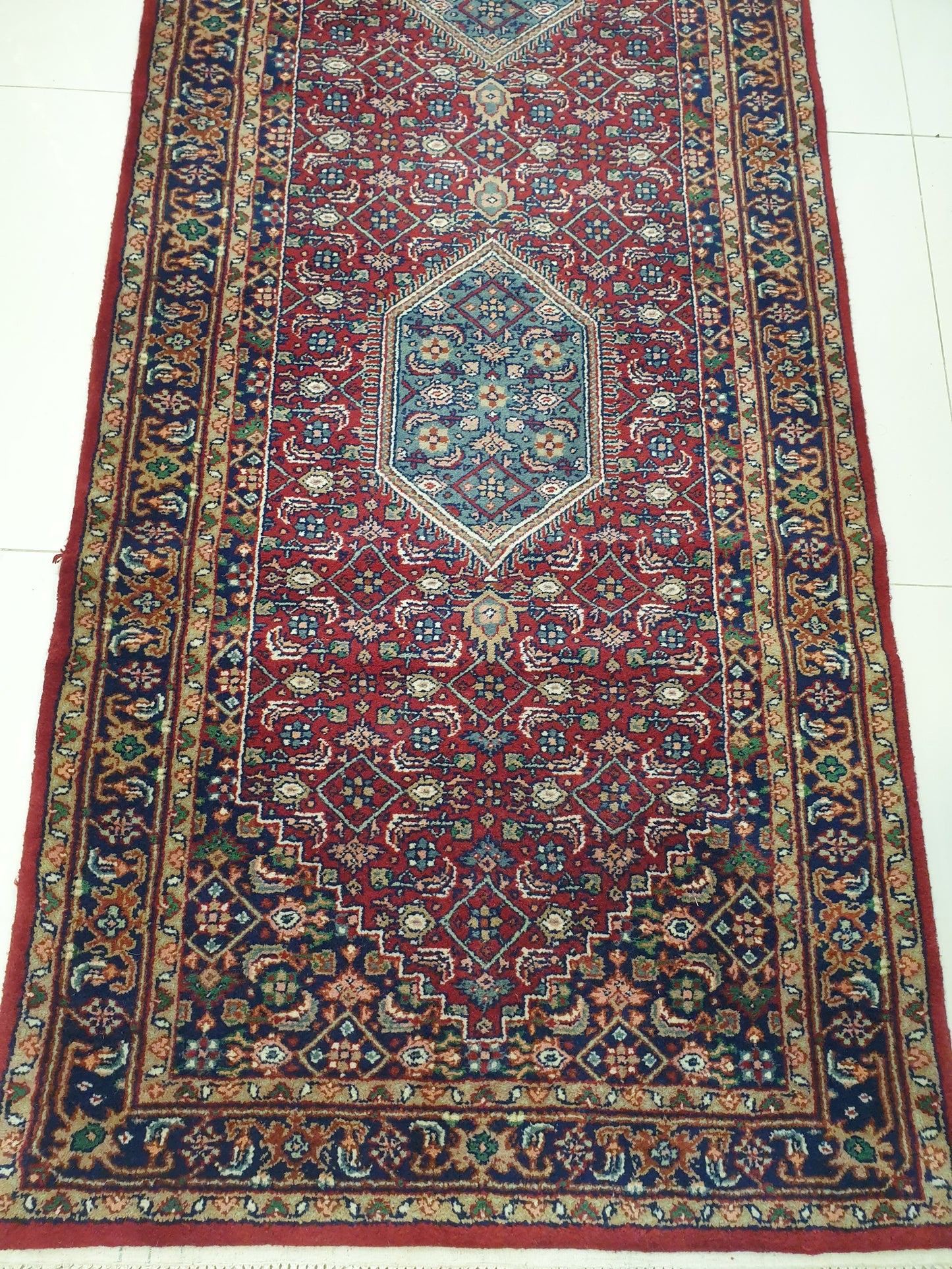 Compact Elegance: 7.10' x 2.5' Hand-Knotted Indo-Persian Runner with Geometric Medallions