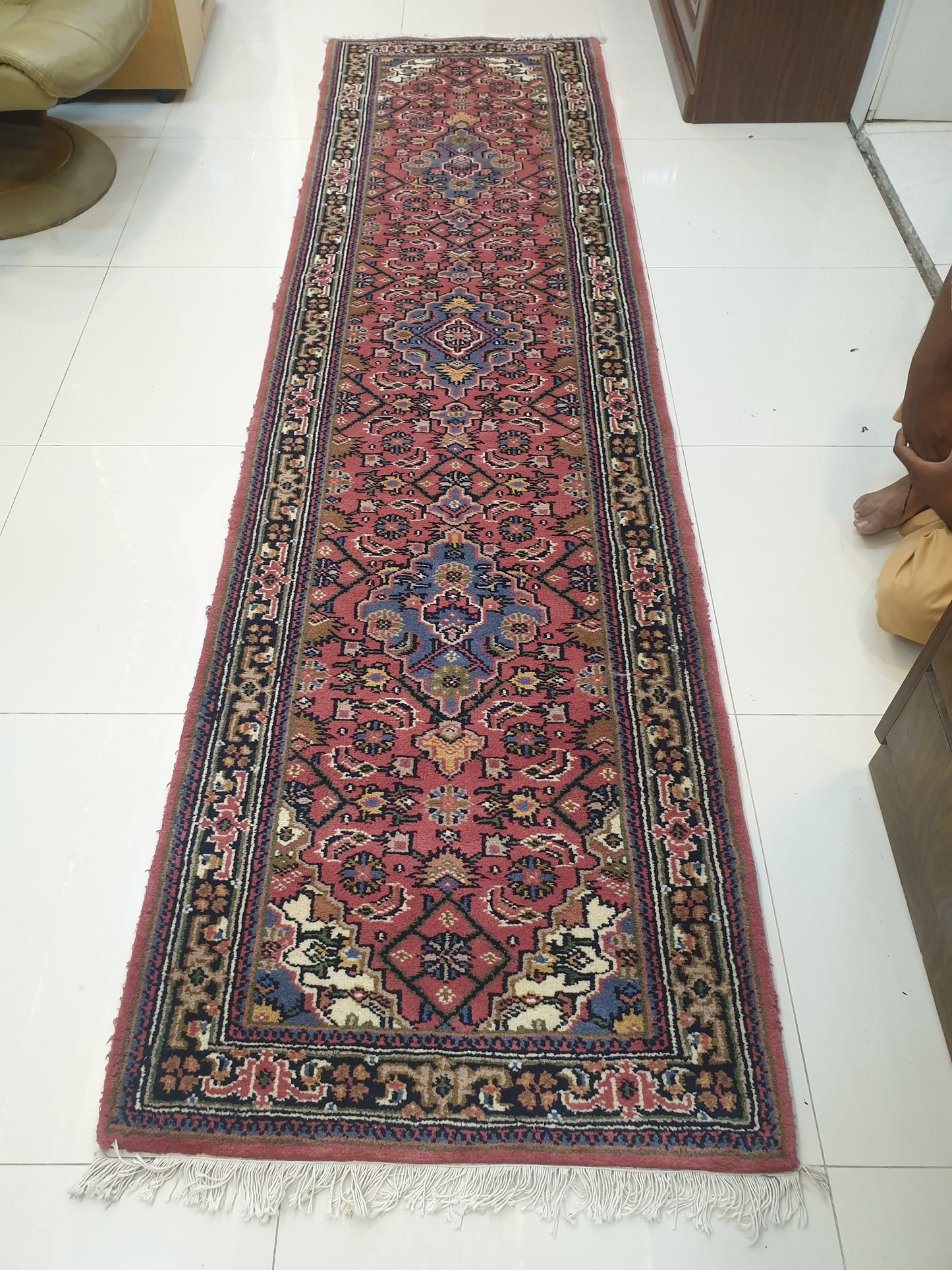 Vibrant 10' x 2.6' Hand-Knotted Indo-Persian Runner - Rich Crimson Field with Geometric Medallions