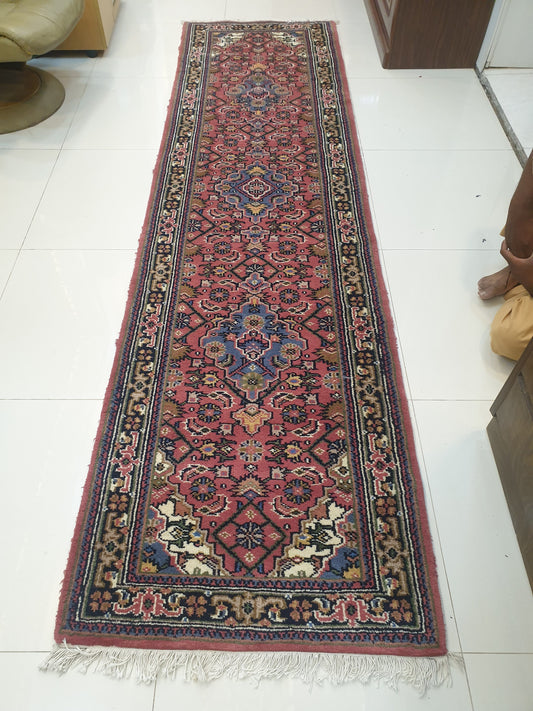 Vibrant 10' x 2.6' Hand-Knotted Indo-Persian Runner - Rich Crimson Field with Geometric Medallions