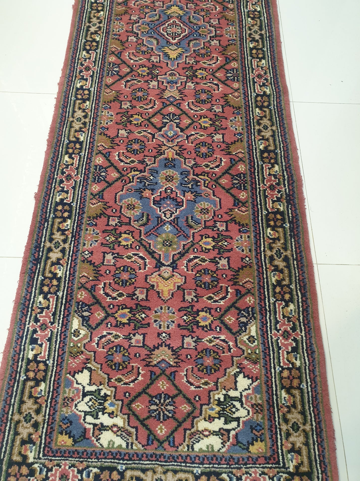 Vibrant 10' x 2.6' Hand-Knotted Indo-Persian Runner - Rich Crimson Field with Geometric Medallions