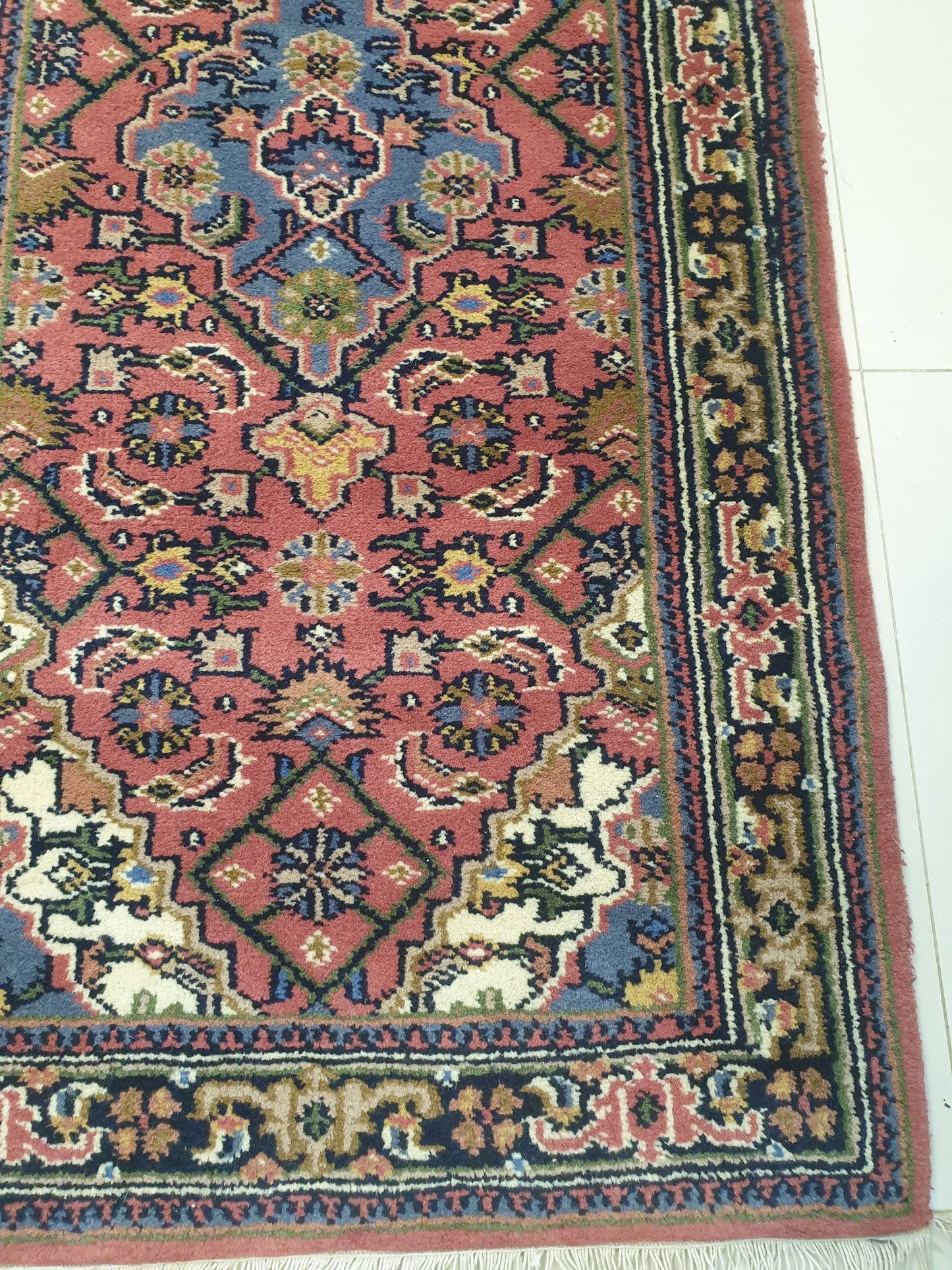 Vibrant 10' x 2.6' Hand-Knotted Indo-Persian Runner - Rich Crimson Field with Geometric Medallions