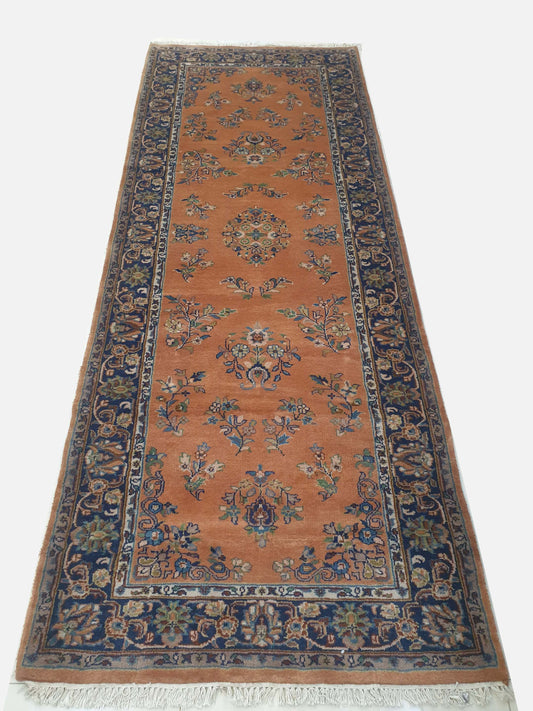 Elegant 8' x 3' Hand-Knotted Indo-Persian Runner - Rich Terracotta Field with Classic Floral Sprays