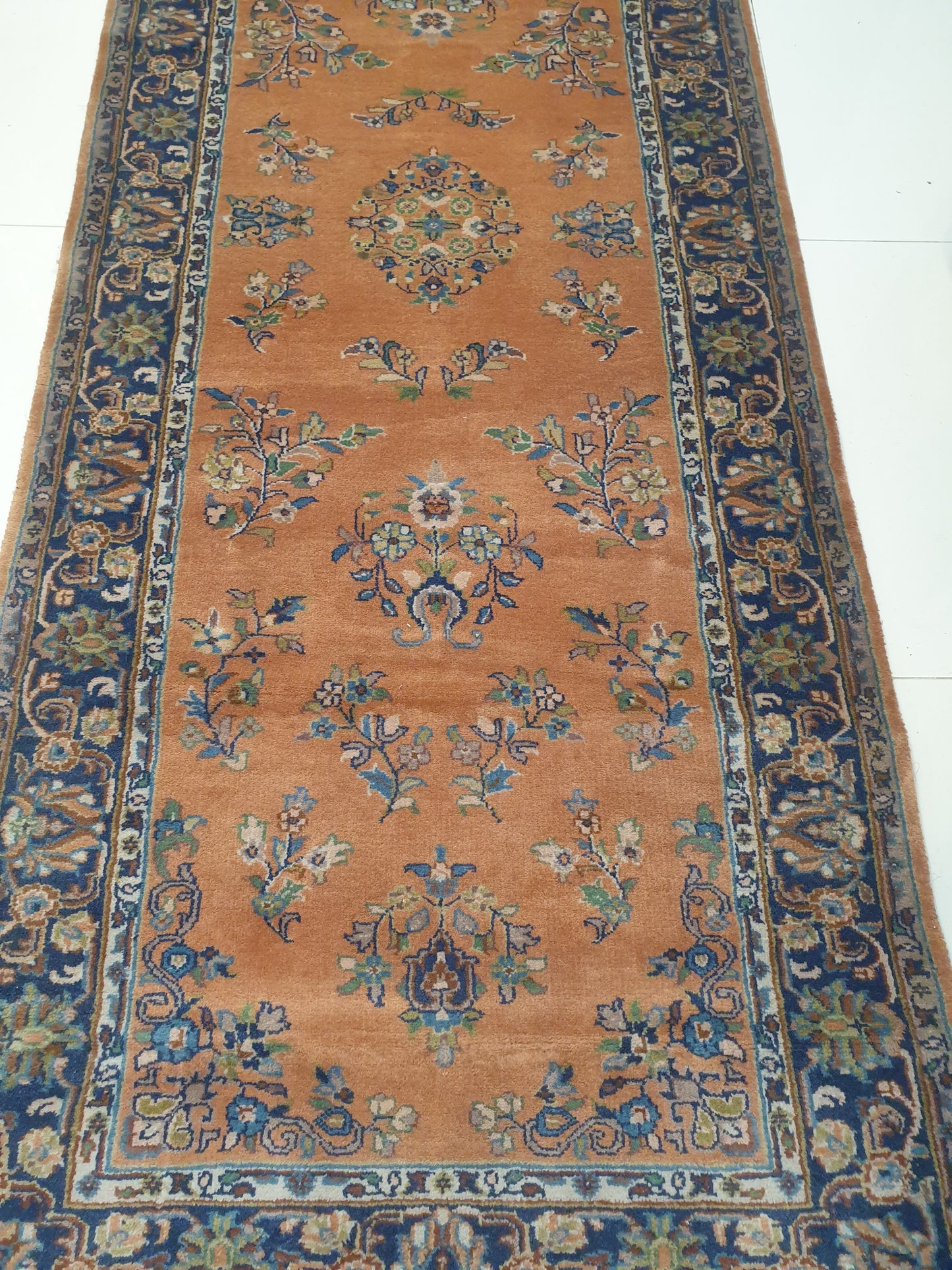 Elegant 8' x 3' Hand-Knotted Indo-Persian Runner - Rich Terracotta Field with Classic Floral Sprays