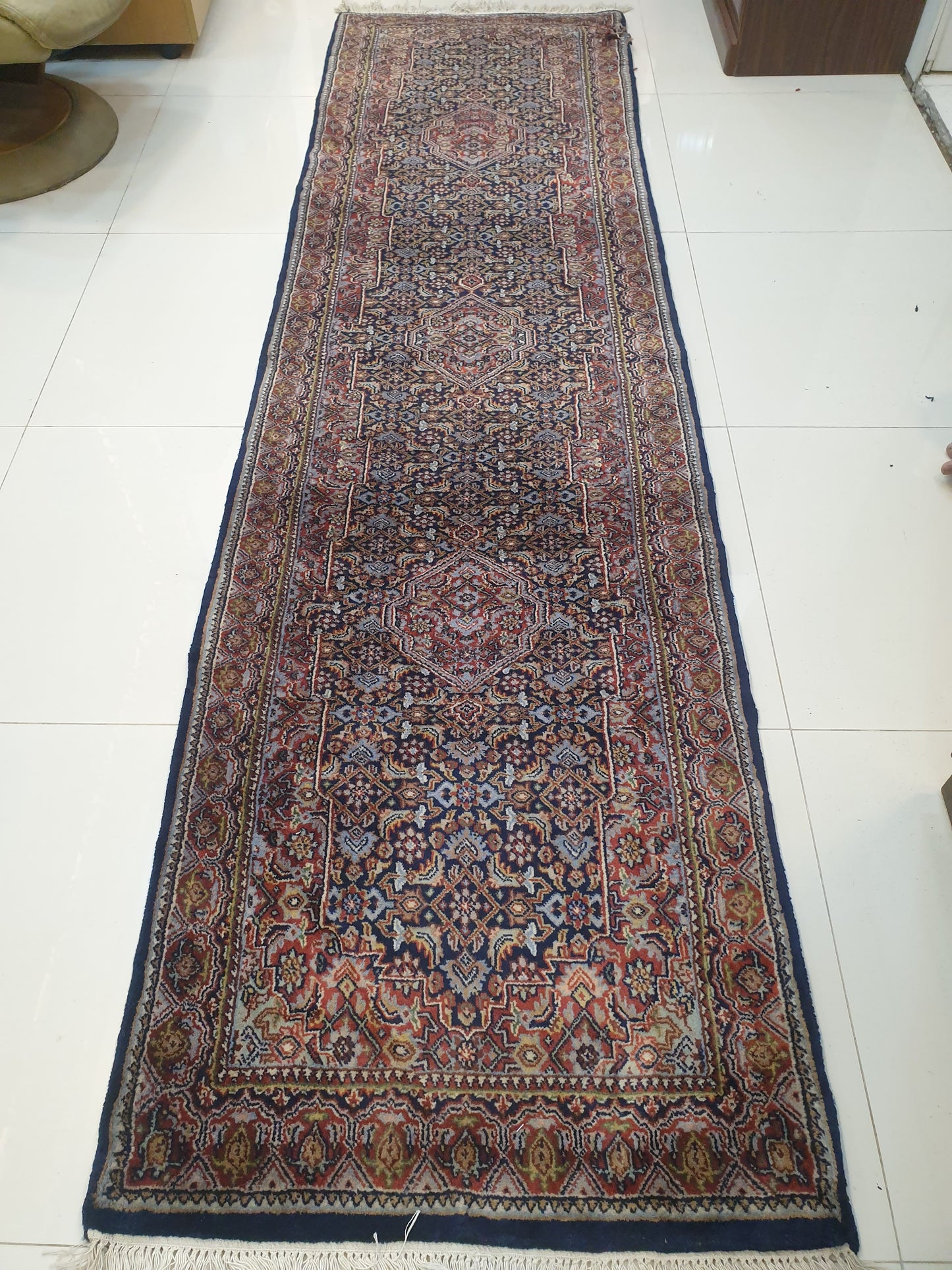 Exquisite 9.3' x 2.5' Hand-Knotted Indo-Persian Kerman Style Runner - Rich Navy Field with Intricate All-Over Design