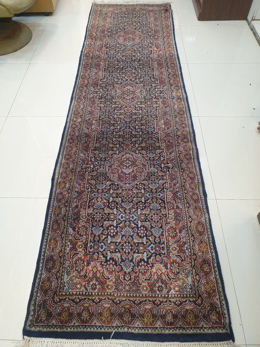 Exquisite 9.3' x 2.5' Hand-Knotted Indo-Persian Kerman Style Runner - Rich Navy Field with Intricate All-Over Design
